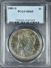 Load image into Gallery viewer, 1881-S $1 Morgan Dollar PCGS MS65 Vivid Blue, Deep Green & Bold Purple Toned Gem