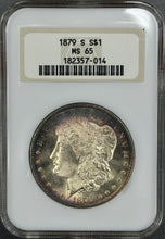 Load image into Gallery viewer, 1879-S $1 Morgan Dollar NGC MS65 Excellent Purple, Blue & Green Rim Toning Fatty
