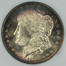 Load image into Gallery viewer, 1879-S $1 Morgan Dollar NGC MS65 Excellent Purple, Blue & Green Rim Toning Fatty