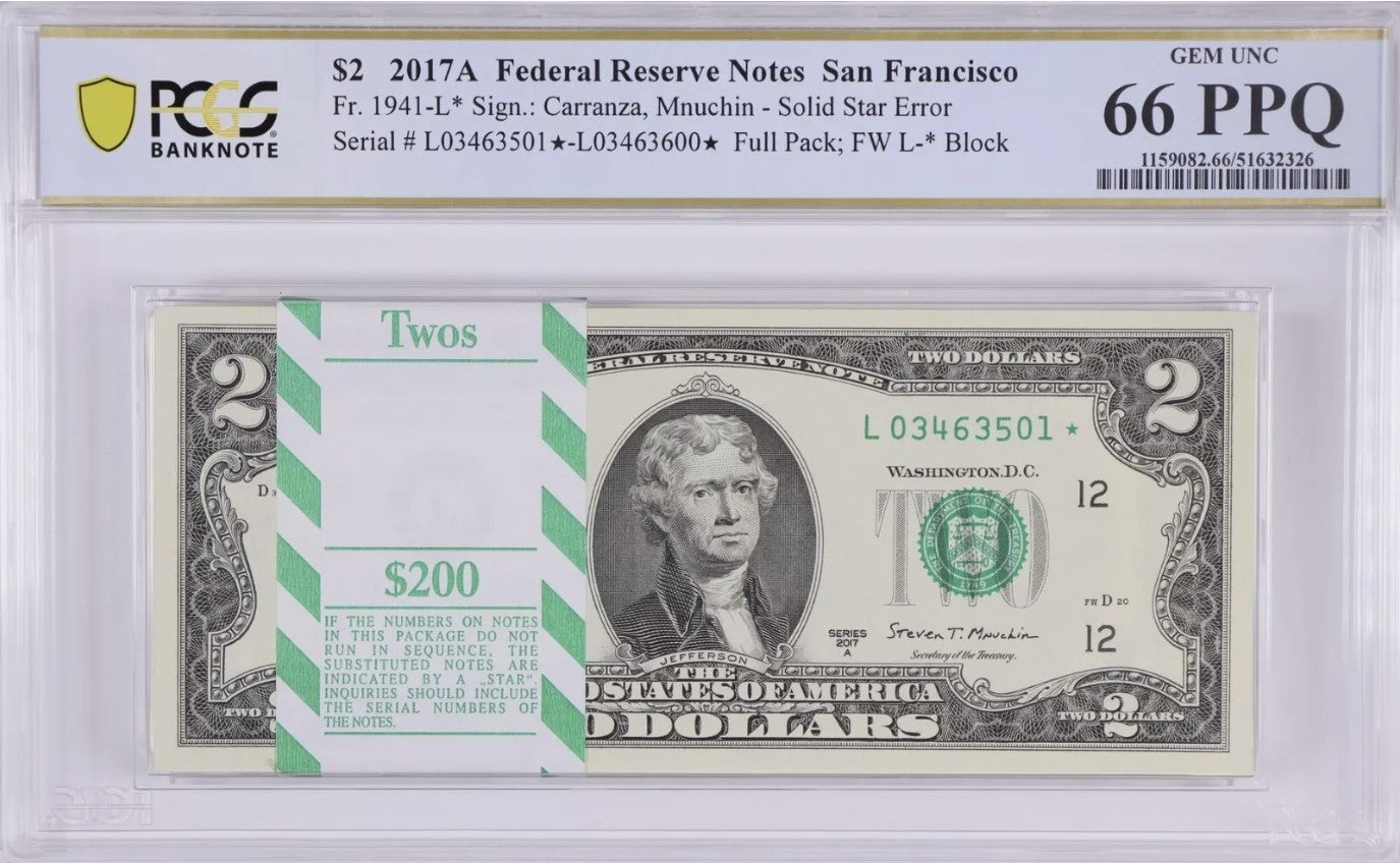 100枚 - 2ドル紙幣 UNC (連続、連続) 2017A - 合計200ドル BEP サンフランシスコ シリーズ 2017A
