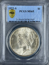 Load image into Gallery viewer, 1922-S $1 Peace Dollar PCGS MS65 -- Incredible Bright Cartwheel Luster Gem