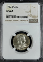 Load image into Gallery viewer, 1952-D 25C Washington Quarter NGC MS67 - Lustrous w/ Light Peripheral Toning