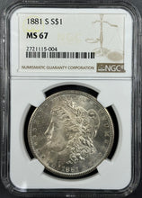 Load image into Gallery viewer, 1881-S $1 Morgan NGC MS67 Incredibly Lustrous Gem w/ Clean Cheek & Great Strike!