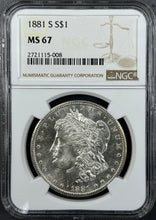 Load image into Gallery viewer, 1881-S $1 Morgan Dollar NGC MS67 -- Bright White Frosty Gem w/ Great Strike!