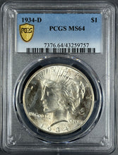 Load image into Gallery viewer, 1934-D $1 Peace Dollar PCGS MS65 -- Bright & Lustrous w/ Light Golden Toning