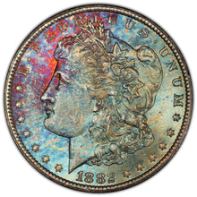 Load image into Gallery viewer, 1882-CC $1 Morgan PCGS MS65+ CAC -- Extraordinary Blue, green & Russet Toned Gem