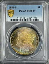 Load image into Gallery viewer, 1881-S $1 Morgan Dollar PCGS MS64+ - Breathtaking Bright Lustrous Rainbow Toned