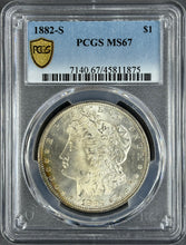 Load image into Gallery viewer, 1882-S $1 Morgan Dollar PCGS MS67 Vivid Blue, Green, Yellow & Russet Rev. Toning