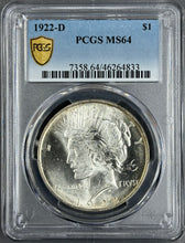 Load image into Gallery viewer, 1922-D $1 Peace Dollar PCGS MS64 -- Bright & Lustrous w/ Minor Peripheral Toning