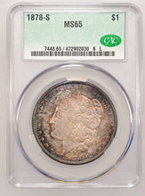 Load image into Gallery viewer, 1878-S $1 Morgan Dollar CACG MS65 -- Spectacular Golden, Russet & Blue Toned Gem