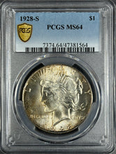 Load image into Gallery viewer, 1928-S $1 Peace Dollar PCGS MS64 -- Lustrous w/ Minor Gold Peripheral Toning