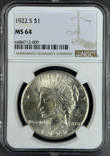 Load image into Gallery viewer, 1922-S $1 Peace Dollar NGC MS64 -- Bright & Lustrous Strong Strike