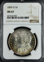 Load image into Gallery viewer, 1899-O $1 Morgan Dollar NGC MS67 Lustrous Gem w/ Minor Golden Peripheral Toning