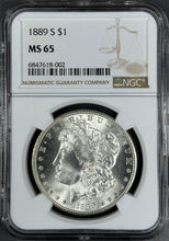 Load image into Gallery viewer, 1889-S $1 Morgan Dollar NGC MS65 -- Lustrous Bright White Gem w/ Nice Strike!