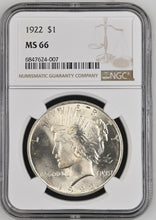 Load image into Gallery viewer, 1922-P $1 Peace NGC MS66 -- Blast White Gem w/ Incredible Luster A Real Beauty!
