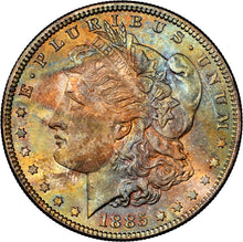 Load image into Gallery viewer, 1885-P $1 Morgan Dollar NGC MS66 -- Vibrant Orange, Blue & Green Toned Gem