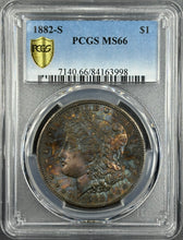 Load image into Gallery viewer, 1882-S $1 Morgan Dollar PCGS MS66 -- Stellar Deep Blue, Gold & Russet Toned Gem