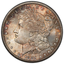 Load image into Gallery viewer, 1881-S $1 Morgan Dollar PCGS MS65 Lustrous Gem With Gold Peripherals Red Toning