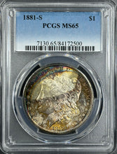 Load image into Gallery viewer, 1881-S $1 Morgan Dollar PCGS MS65 -- Bright Gem w/ Green, Blue and Gold Toning