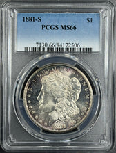 Load image into Gallery viewer, 1881-S $1 Morgan Dollar PCGS MS66 Bright Gem w/ Purple & Blue Peripheral Toning