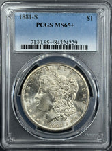 Load image into Gallery viewer, 1881-S $1 Morgan Dollar PCGS MS65+ -- Lustrous Bright White Gem w/ Clean Cheek!