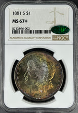 Load image into Gallery viewer, 1881-S $1 Morgan Dollar NGC MS67+ CAC -- Lustrous Yellow, Green & Blue Toned Gem