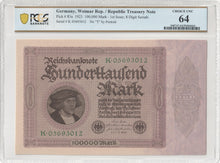 Load image into Gallery viewer, Germany 1923 100,000 Mark P83a -- PCGS Choice Uncirculated 64
