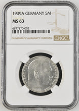 Load image into Gallery viewer, Germany 1939-A 5 Reichsmark NGC MS 63 Blast White German Third Reich WW2 Silver