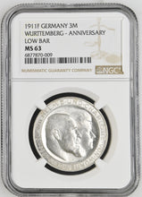 Load image into Gallery viewer, Germany 1911-F 3 Mark Wurttemberg Anniversary NGC MS 63 - Blast White & Lustrous