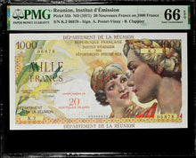 Load image into Gallery viewer, French Reunion 1971 20 Nouveaux Francs P55b PMG Superb Gem Uncirculated 66 EPQ