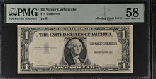 Load image into Gallery viewer, $1 Silver Certificate Missing Print Error - PMG 58 Choice AU -- GREAT ERROR!