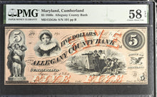 Load image into Gallery viewer, 1860s $5 Maryland Allegany County Bank MD155G6c - PMG 58 EPQ
