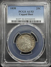 Load image into Gallery viewer, 1938 25C Capped Bust PCGS AU53 -- Lustrous w/ Pleasing Golden Peripheral Toning