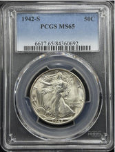 Load image into Gallery viewer, 1942-S 50C Walking Liberty PCGS MS65 - Lustrous White Gem