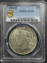 Load image into Gallery viewer, 1934-D $1 Peace Dollar PCGS AU58 - Lustrous Almost Unc Coin