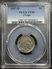Load image into Gallery viewer, 1937-D 5C Buffalo Nickel 3 LEGS PCGS VF20 - Scarce Variety