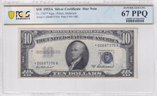 Load image into Gallery viewer, 1953A $10 Silver Certificate Fr.1707* 🌟Star🌟 Note -- PCGS 67 PPQ Superb Gem Unc