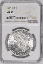 Load image into Gallery viewer, 1891-S $1 Morgan Silver Dollar NGC MS63 - Frosty Blast White Coin - Gemmy