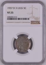 Load image into Gallery viewer, 1937-D 5¢ Buffalo Nickel 3 Legs -- NGC VF25