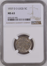 Load image into Gallery viewer, 1937-D 5¢ Buffalo Nickel 5c NGC MS63 3 Legs Beautiful Coin