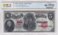 Load image into Gallery viewer, 1907 $5 Legal Tender Note 'WoodChopper' - PCGS Banknote Gem Unc 66 PPQ