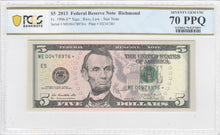 Load image into Gallery viewer, 2013 STAR $5 Federal Reserve Notes Richmond Fr 1996-E -- PMG Banknote 70 PPQ!!