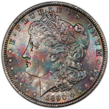 Load image into Gallery viewer, 1890-P Morgan Silver Dollar PCGS MS65+ Pretty Sea Green, Blue & Burgundy Toning