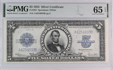 Load image into Gallery viewer, 1923 $5 Silver Certificate Porthole FR 282 Gem PMG CU 65 EPQ - Rare Note!