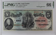 Load image into Gallery viewer, 1869 $5 Legal Tender Woodchopper "Rainbow" - FR 64 - PMG 66EPQ Magnificent!