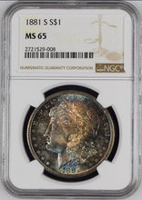 Load image into Gallery viewer, 1881-S Morgan Silver Dollar NGC MS65 - - Incredible Gold, Blue and Sea Green