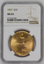 Load image into Gallery viewer, 1927 $20 Gold Saint Gaudens Double Eagle NGC MS65   --  Rich Vibrant Color