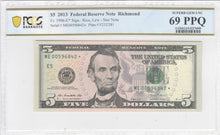 Load image into Gallery viewer, 2013 🌟STAR🌟 $5 Federal Reserve Notes Richmond Fr 1996-E -- PMG Banknote 69 PPQ!!