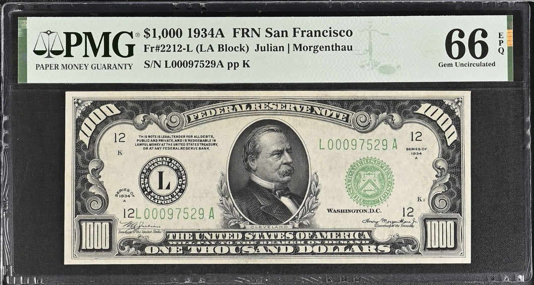 $1000 1934A Federal FRN San Francisco FR2212-L PMG 66EPQ Exceptional & Rare