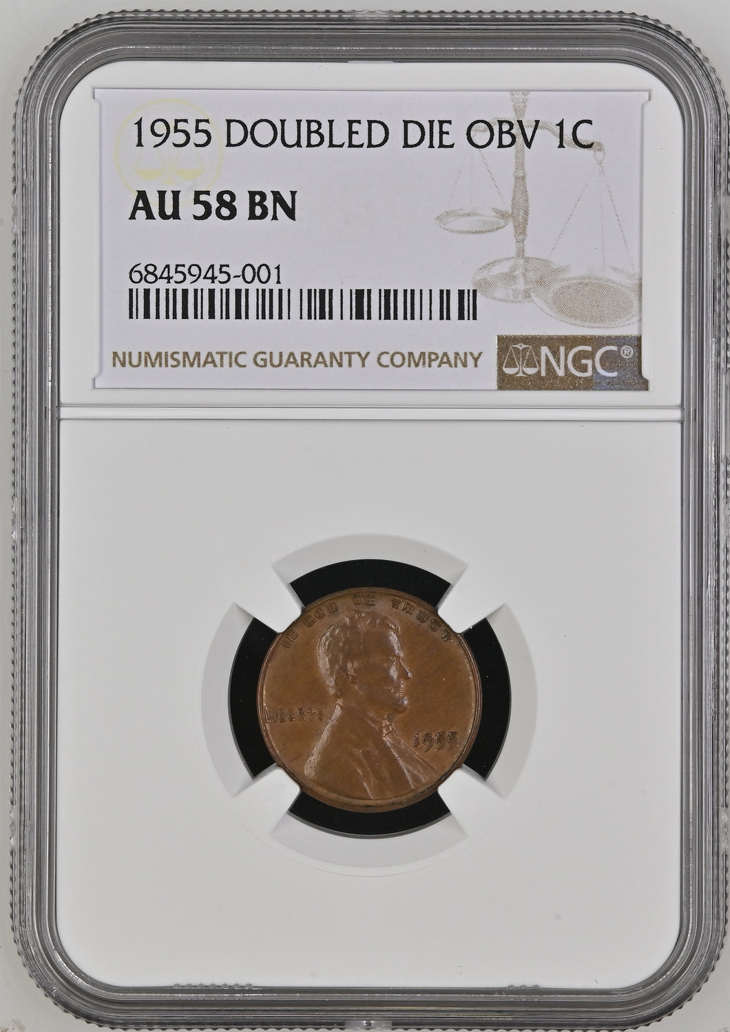 1955 1¢ Doubled Die Obverse Lincoln Cent -- NGC AU58